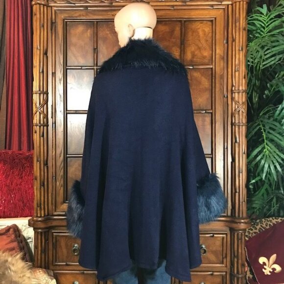 Aphratti Navy Blue Faux Fur Luxe Cape Cardigan Topper - Picture 4 of 15